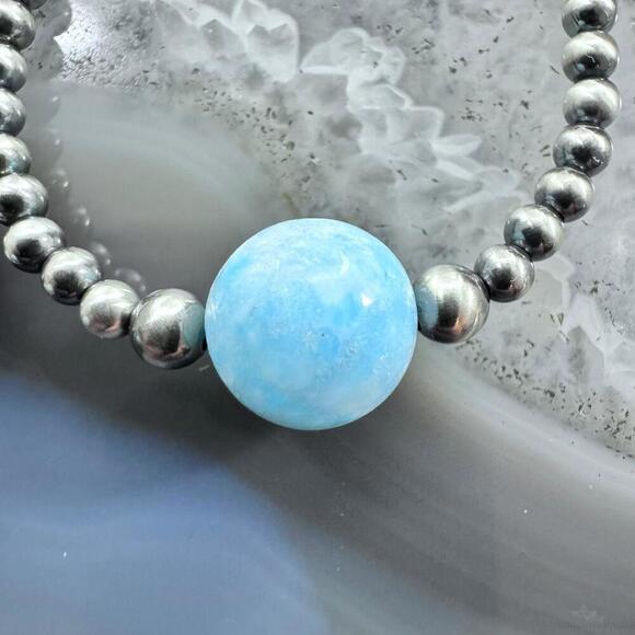 Native American Sterling Silver Navajo Beads w/Larimar Hoop Earrings For Women - Picture 6 of 10